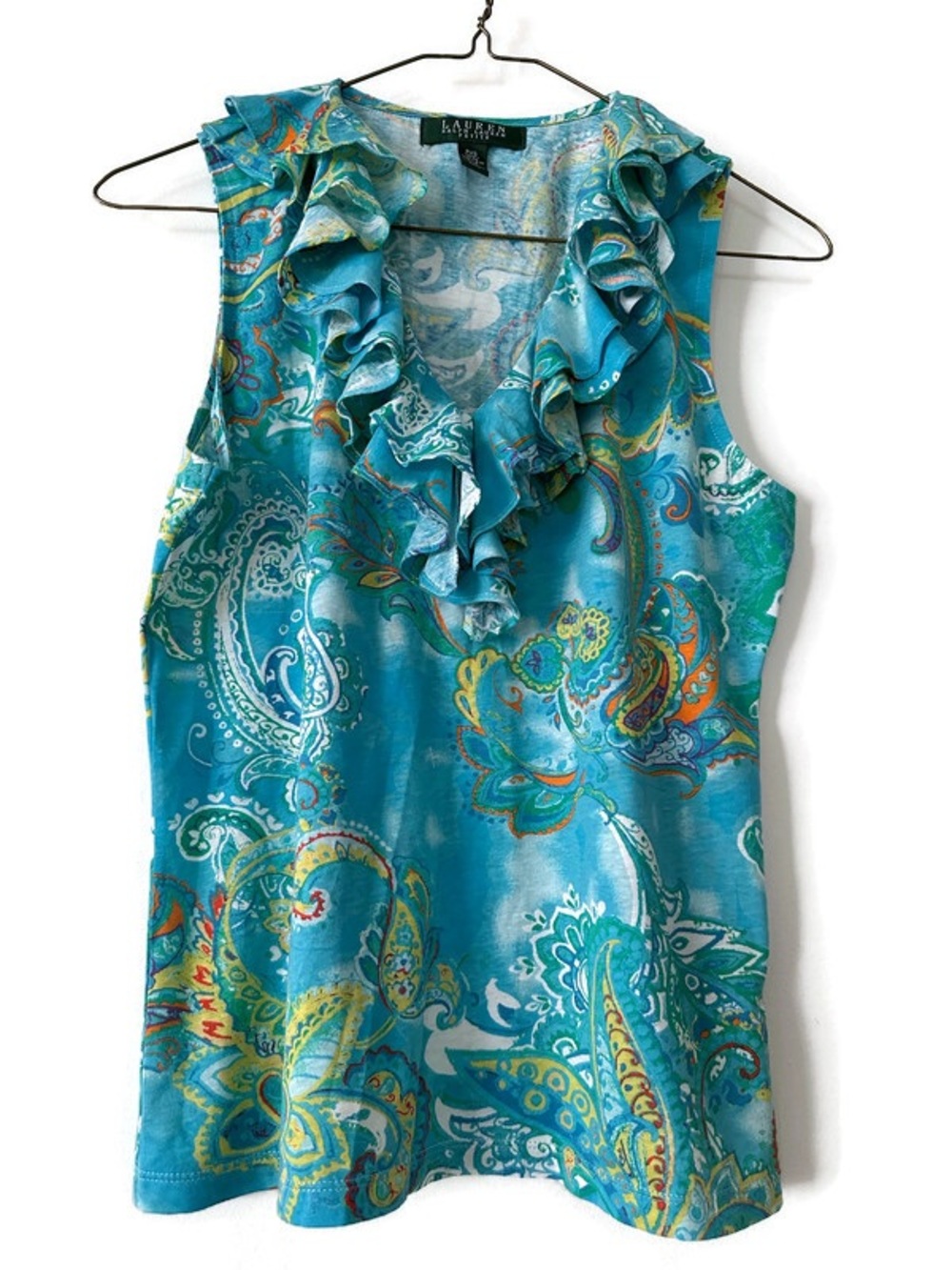 Lauren Ralph Lauren Turquoise Paisley Ruffle V-Neck Sleeveless Camisole